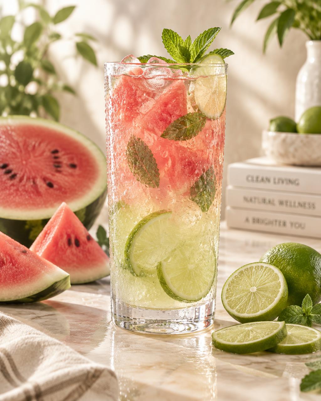 Chilled watermelon and lime cleanse tea in a condensation-covered glass